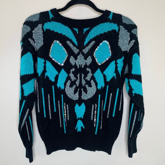 Vintage 90s Black Turquoise Sweater with Silver Sequin Details Sz Medium - Picture 5 of 7